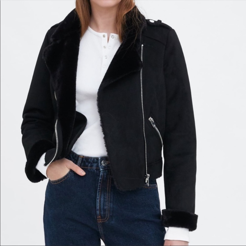 Zara Black Contrasting Biker Jacket Size Large